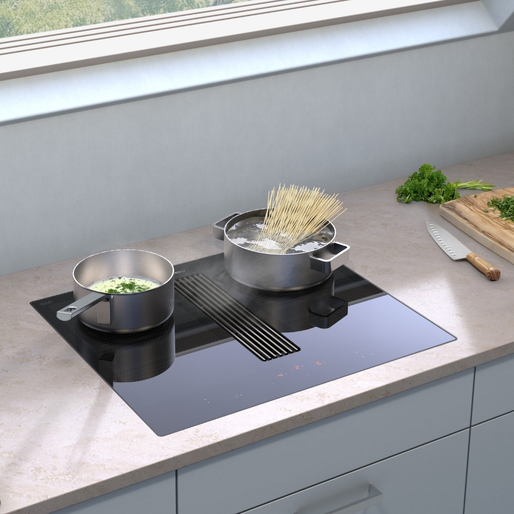 WESCO Piana Mini, plan de cuisson aspirant dans une cuisine moderne avec table de cuisson à induction, casserole et vue sur les montagnes en arrière-plan